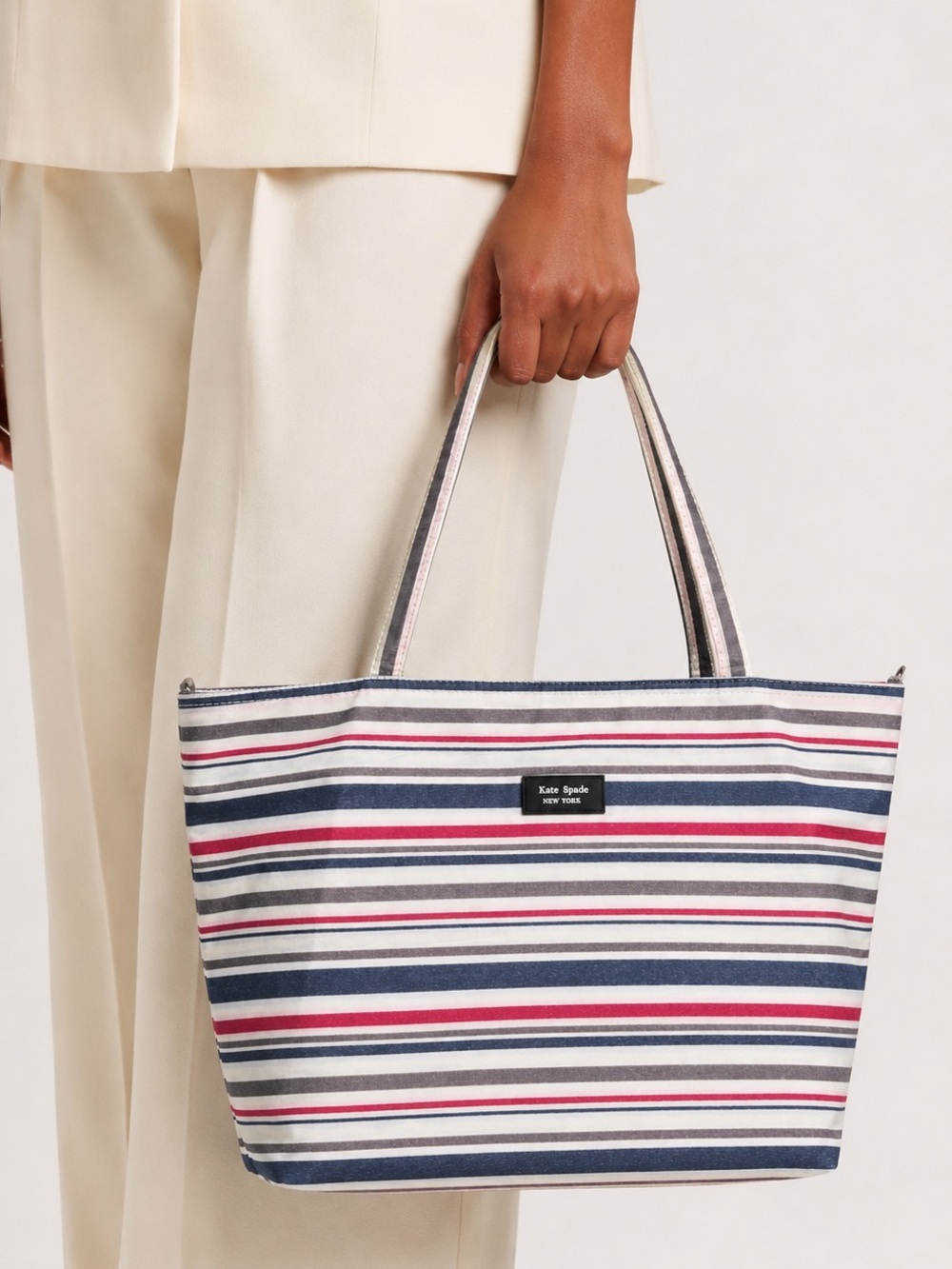 Kate Spade Striped Shoulder Bag Tote Tan Red Navy Travel Nautical Coastal Luxury